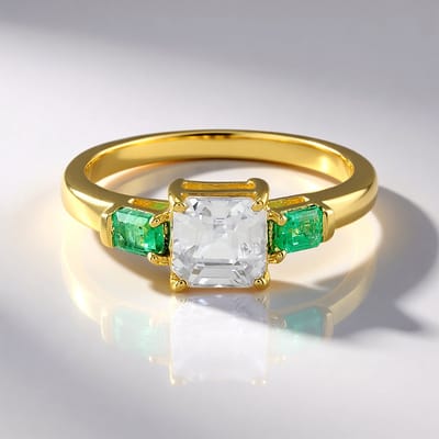 Cavill - Luxe Zilveren Ring met Verguld 18K - 2,599 ct Cambodjaanse Zirkoon Asscher - 0,509 ct Russische Smaragd - 925 Sterling Zilver