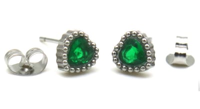 Oorbellen - Studs - Oorknopjes - RVS - Roestvrij Staal - Hartjes Groen - Heart - 8mm - Zilverkleurig – valentijn – cadeau