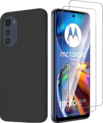 Casemania Hoesje Geschikt voor Motorola Moto E32 & E32S Zwart & 2X Glazen Screenprotector - Siliconen Back Cover