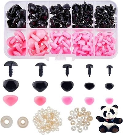 130 Stuks Veiligheidsneuzen voor Knuffels en Amigurumi - 5 Maten Kunststof Driehoek Neusjes met Sluitringen - Zwart en Roze