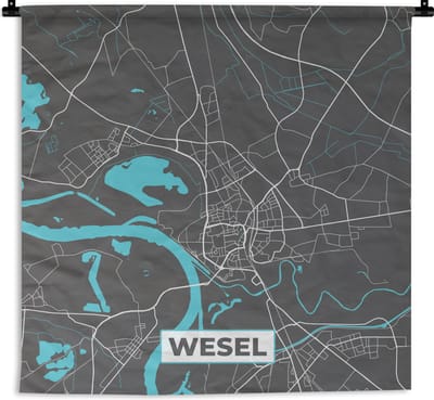 Wandkleed - Wanddoek - Duitsland – Blauw – Wesel – Stadskaart – Kaart – Plattegrond - 180x180 cm - Wandtapijt