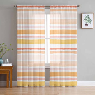 Aquarel Oranje Strepen Tule Raamgordijnen voor Slaapkamer Luxe Huisdecoratie Draperieën in Woonkamer Chiffon Panelen 135W x 114H(cm) white