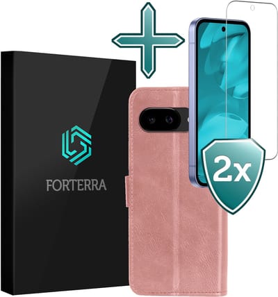 Hoesje Met 2x Screenprotector - Geschikt voor Google Pixel 9a - Luxe Pasjeshouder - Flip Case - Bookcase Portemonee - Kunstleer Book Case - Flipcase Hoes - Book Cover - Walletcase - Portemonneehoes - Rosé goud