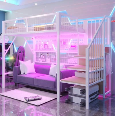 MEUNIQ hoogslaper 90 x 200 cm van metaal en MDF met trap en opbergruimte, LED-verlichting en open ruimte onder het bed voor kinderkamer, wit