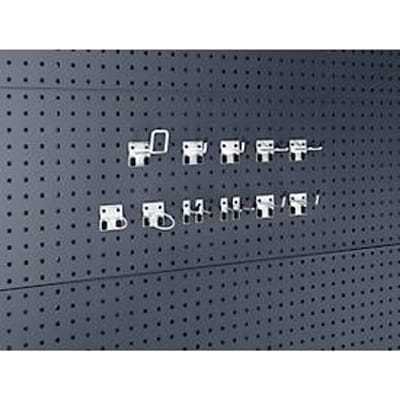 Accessoireserie geperforeerde bodemplaat Perfo, 13-delig, 11 haken/2 ronde houders, gegalvaniseerd metaal, zilver