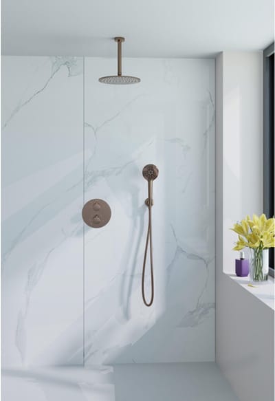 FugaFlow Eccelente Acces Inbouw Regendoucheset - rond - thermostatisch - plafondarm - 25cm hoofddouche - ronde handdouche - Geborsteld koper PVD (Koper)
