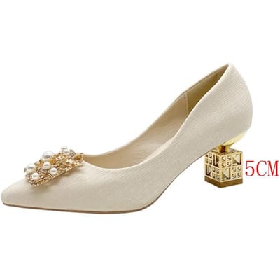 Herfst Dames Hoge Hakken Puntige Neus Vormhak Hoog 5cm en 7cm Bruidsschoenen Vierkante Gesp Reis Banketschoen Hoge Hakken 40 beige