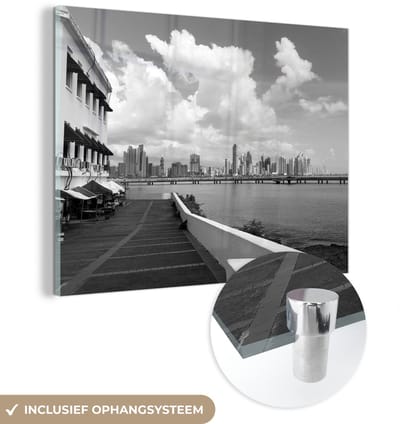 ® Glasschilderij 160x120 cm - Schilderij acrylglas - Zwart wit afbeelding van Panama Stad - Foto op glas - Muurdecoratie woonkamer - Wanddecoratie slaapkamer - Schilderijen