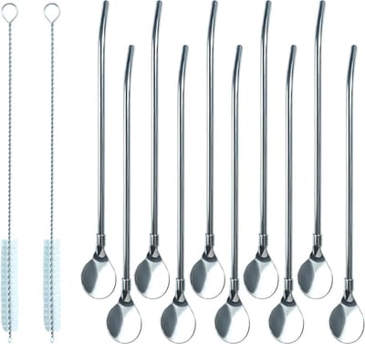Set van 10 RVS Lange Lepels met Rietjes en 2 Reinigingsborstels voor Cocktails, Koffie en Milkshakes