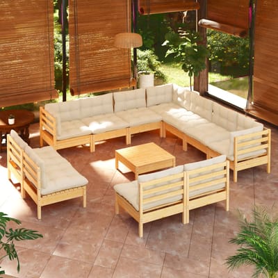 vidaXL - 12-delige - Loungeset - met - crèmekleurige - kussens - grenenhout