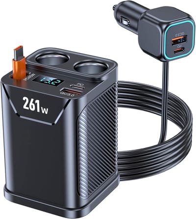 SnelShoppen - 261W 7-in-1 Auto Oplader, 45W Retractable PD 3.0 Sigarettenaansteker, 2 Stopcontacten 110W, Dual USB C 35W en QC3.0 18W met LED Schakela