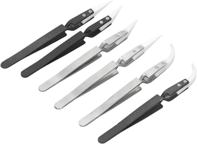 Soldeer Pincet Set - Keramisch Roestvrij Staal - Precisie Reparatie Werk - Omgekeerd Cross-Lock Ontwerp - 6 Delig - Zilver