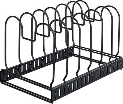 WENKO Uitschuifbare borden- en pannenhouder mat zwart staal - 6 vakken - Verstelbaar - Uittrekbaar - Keukenorganizer - Keukenrek voor pannen en borden
