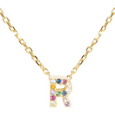Luxenter Sterling Zilver 925 collier met Veelkleurige Zirkonia afgewerkt in 18K geel goud - Alfabet