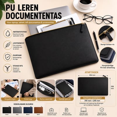 Tas PU Lederen Documententas met Rits – Laptophoes – Geschikt voor Laptop, Tablet, A4-documenten & Accessoires – Waterafstotend – Zwart