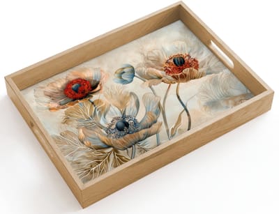Dienblad hout 40x30 cm - Schootdienblad - Bloemen - Beige - Modern - Illustratie - Borrelplank rechthoek - Plateau dienbladen
