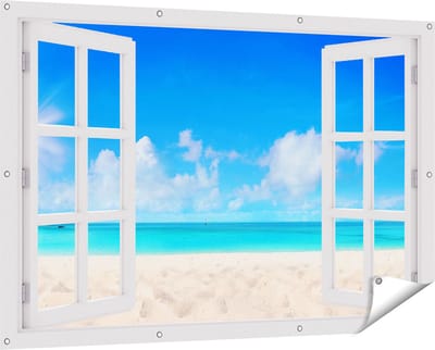 Gards Tuinposter Doorkijk Strand en Zee met Helder Witte Zand - 150x100 cm - Tuindoek - Tuindecoratie - Wanddecoratie buiten - Tuinschilderij