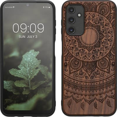 kwmobile telefoonhoesje geschikt voorSamsung Galaxy A14 5G - Hoesje met bumper - hout - In donkerbruin Indian Sun design