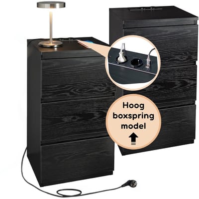 Casamoda Extra Hoge Nachtkastjes set van 2 voor Boxspring - H70 x B40 x D35 cm - 3 Lades - Stopcontact met 1x USB-C en 1x USB-A - Draagkracht 45 kg - Moderne Bijzettafel - Zwart
