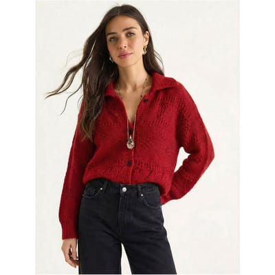 Gestructureerde Polo Kraag Knop Cardigan