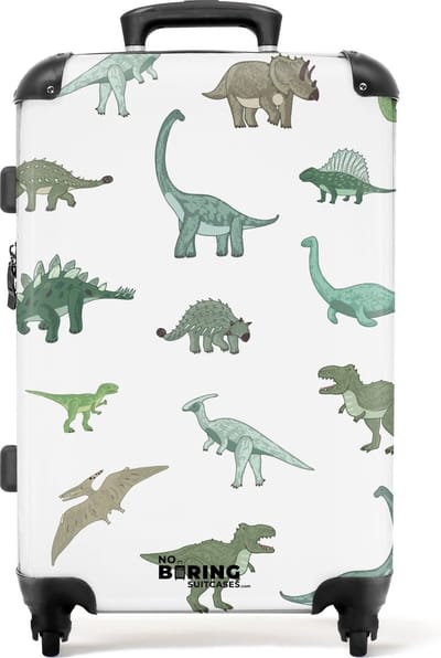 NoBoringSuitcases.com® - Kinderkoffer jongen - Kindertrolley jongens - Dino patroon - Koffer kind groot - Rolkoffer lichtgewicht - Reiskoffer met 4 wielen - Grote trolley XL - 20 kg bagage