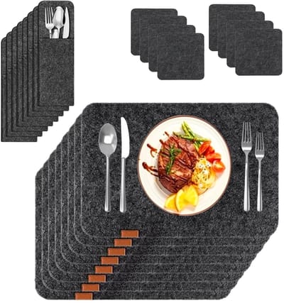 Dailygoods- Placemat 24-delige set - Vilt - Onderzetters - Bestekzakken - Wasbaar - Stijlvolle bescherming - 42,7 x 35,1 cm - Tafelmat