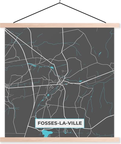 Posterhanger incl. Poster 40x40 cm - Schoolplaat - Plattegrond – Fosses la Ville – Blauw – Stadskaart - Kaart - Textielposter - Blanke latten - Stadskaart