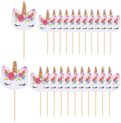 Dailygoods- Taarttoppers 24 stuks - Eenhoorn Decoratie - Dubbelzijdige Cupcake Toppers - Verjaardagsfeest Versiering - Hoogwaardig Karton/Bamboe - 5,5 cm x 4,7 cm