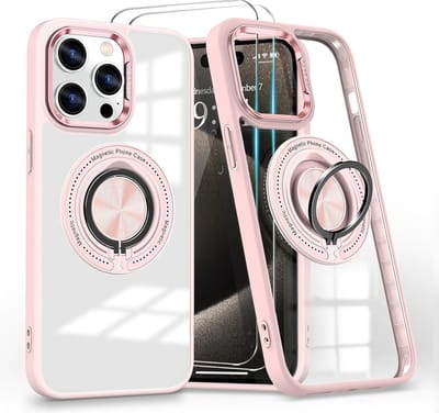 Hoesje Geschikt voor iPhone 15 Pro Arara hoesje voor Magsafe Transparant hard case - kickstand Draaibare Ring Houder met 2 Stuks screenprotectors - Rosegoud