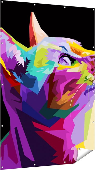 Gards Tuinposter Kleurrijke Kat Kijkt naar Boven - Abstract - 120x180 cm - Tuindoek - Tuindecoratie - Wanddecoratie buiten - Tuinschilderij
