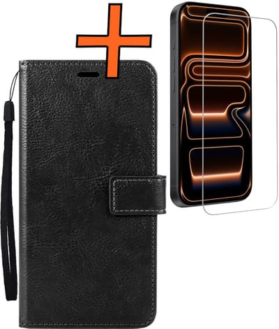 Hoes - Met Screenprotector - Geschikt voor Apple iPhone 17 Pro - Luxe Pasjeshouder - Bookcase Portemonee - Flip Case - Kunstleer Book Case - Flipcase - Book Cover - Walletcase - PortemonneeHoes - Zwart