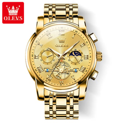 HO-2859.g : Olevs goudkleurig edelstaal heren horloge, quartz, goudkl wijzerplaat, chronografisch, stopwatch, secondenmolen & minuten & 24uurs/lunarfase subuurwerk