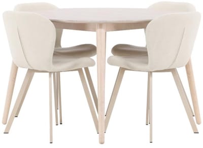 Flora eethoek tafel Ø120cm en 4 stoelen whitewash, beige.
