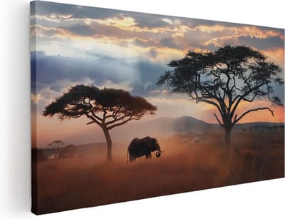 Artaza Canvas Schilderij Olifant - 40x20 cm - Klein - Wanddecoratie Afrika - Muurdecoratie Zonsondergang - Schilderijen Op Canvas