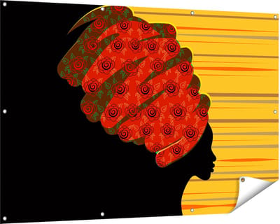 Gards Tuinposter Afrikaanse Vrouw met Bloemen Tulband - Abstract - 150x100 cm - Tuindoek - Tuindecoratie - Wanddecoratie buiten - Tuinschilderij