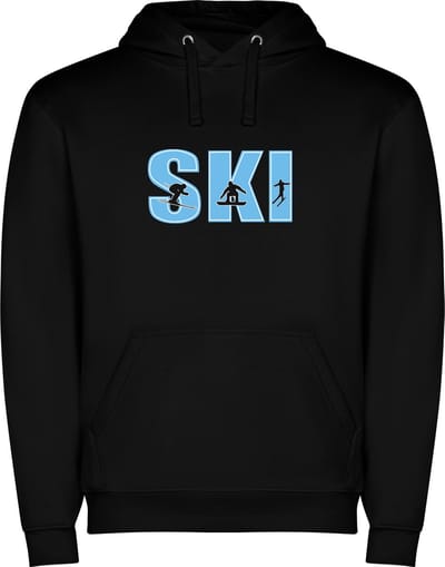 Zwarte unisex hoodie met “ Kleurrijke Ski – Skien - Sneeuw – Wintersport – Snowboard “ Print Full Color Color merk Roly maat S
