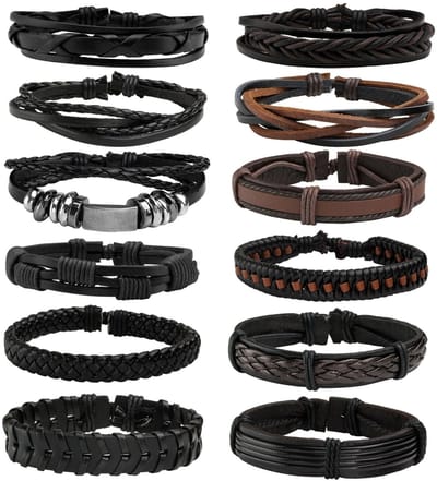 Dailygoods- Gevlochten Armbanden - Leren Armbandenset 12 Stuks - Verstelbaar - Handgemaakt - PU-leer/Touw - Modern Patroon