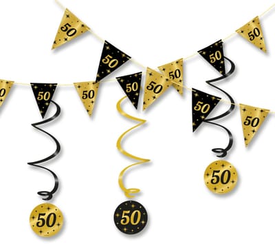 LUQ – Chic Set 50 Jaar – Zwart-Goud – Verjaardag Party Feestpakket Decor – Luxe Slingers Vlaggenlijn – Direct Ophangen