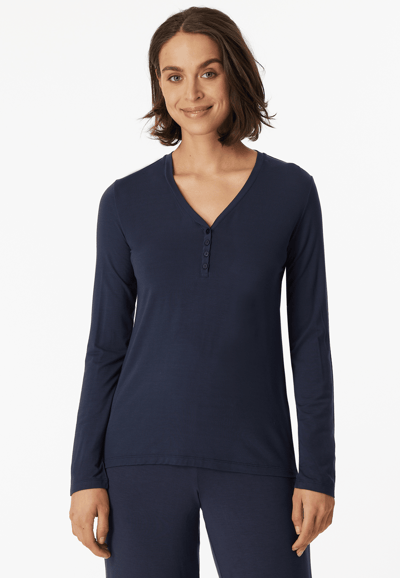 SCHIESSER Mix+Relax T-shirt - dames shirt lange mouwen modal v-hals knoopsluiting blauw