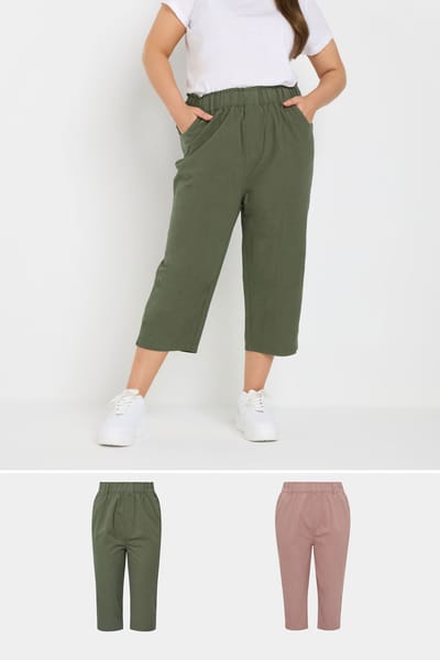 Yours 2Pack Olijfgroene En Roze Cropped Broeken Van Verkoelend Katoen Size 42