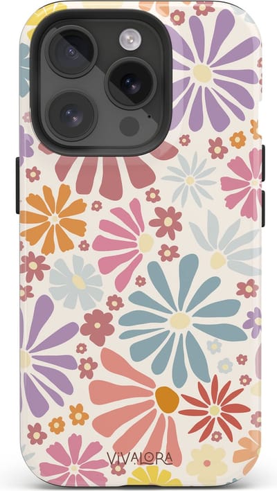 VivaLora Tough Telefoonhoesje iPhone 14 Pro Met Magsafe - Bloemenprint - Bloom Bliss Print - 2-in-1 Phone Case - Hard Case & Siliconen Backcover - Extra Bescherming - Shockproof Cover - Pastelkleuren - Blauw, Roze, Oranje, Geel
