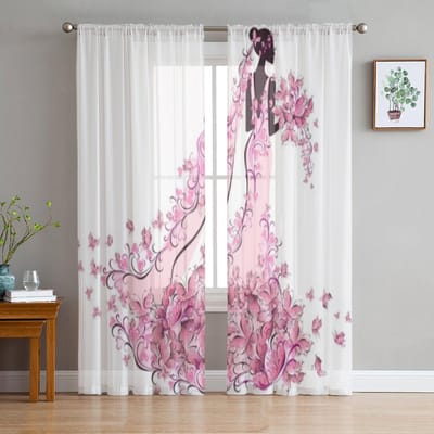 Bloemenjurk Met Vlinder Transparante Gordijnen Voor Slaapkamer Woonkamer Tule Gordijnen Voor Keukenraam Voile Gordijnen 135W x 114H(cm) white
