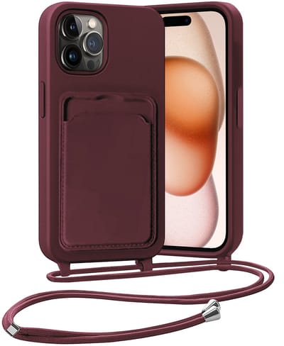 Hoesje Geschikt voor iPhone 14 Pro Hoesje Met Telefoonketting Pasjeshouder Case Koord - Hoesje Geschikt voor iPhone 14 Pro Hoes Met Kaarthouder - Aubergine
