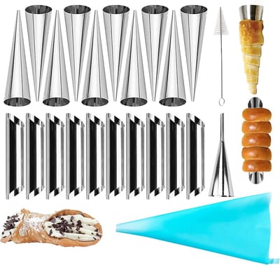 23-delige set slagroomkransvormen - Roestvrijstalen Canori-rolvorm - Slagroomrolvorm - Inclusief 10 buisvormen en 10 kegelvormen, spuitzakken, kwasten en spuitmondjes - Geschikt voor canori-rollen, slagroomkransen, ijshoorntjes, enz. - Zilver