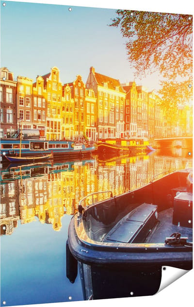 Gards Tuinposter Amsterdamse Brug - Gracht - met Bloemen - 120x160 cm - Tuindoek - Tuindecoratie - Wanddecoratie buiten - Tuinschilderij