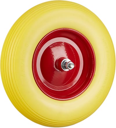 2x kruiwagenwiel rubber - bolderwagenwiel + as - antilekband stalen velg - geel