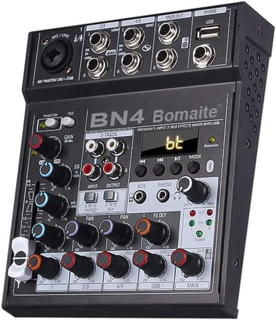 Bn4 mini 5 Kanalen Dj Mixing Console Met Geluidskaart 48V Fantoom Power Bluetooth Pc Voor Opname