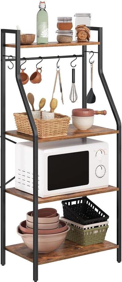 Bakkersrek, koffiestation, magnetronstandaard, keukenopslag, vrijstaand keukenrek, 4 verdiepingen, 6 S-haken, voor magnetron, kruidenpotjes, eenvoudige installatie,