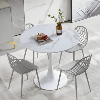 EGGREE eethoek - eettafel met 4 grijze stoelen - tafel Ø 80 cm - voor bar, café en eetkamer - marmeren tafel