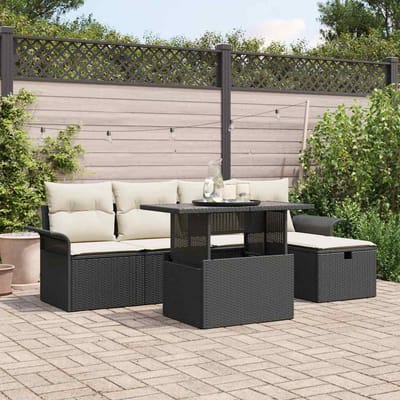 vidaXL Tuinbank Set met kussen met opslag 6 pcs Zwart Poly rattan